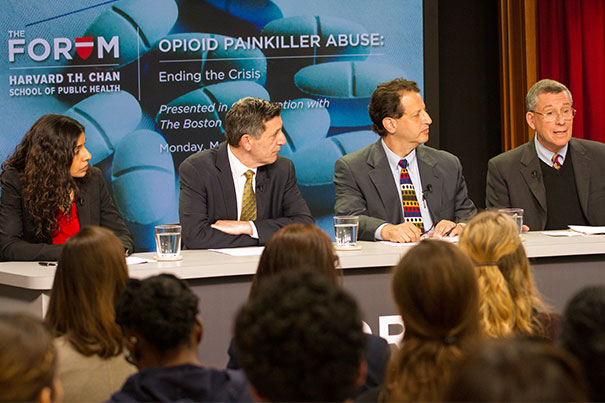 “One in five know someone who actually died," said Robert Blendon (far right), the Harvard Chan School’s Richard L. Menschel Professor, of opioid addiction. Blendon spoke on a panel with Monica Bharel (from left), commissioner of the Massachusetts Department of Public Health; Michael Botticelli, director of national drug control policy; and Daniel Alford, director of the Addiction Medicine Residency program at Boston University School of Medicine. Photo by Noah Leavitt  