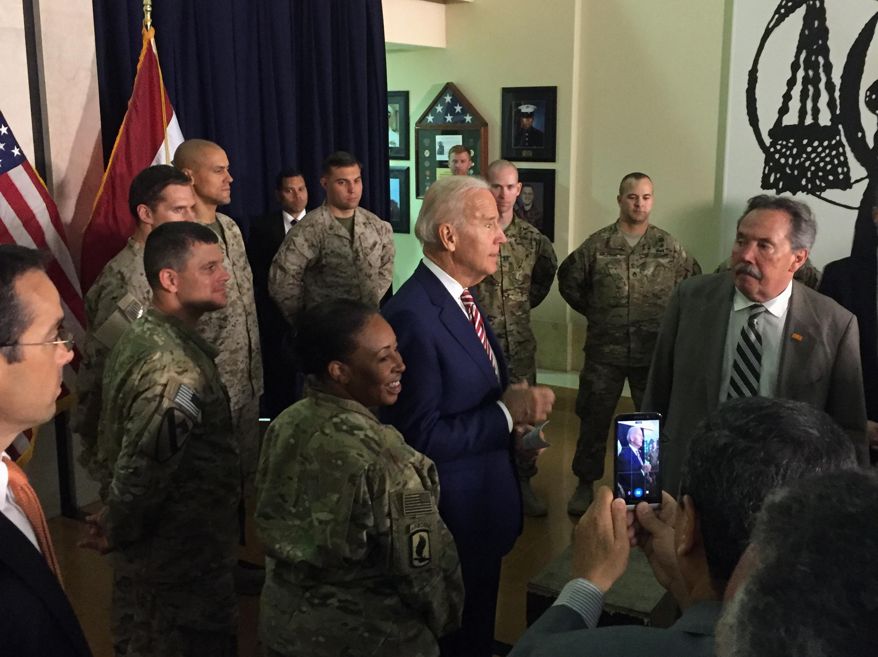 Vice President Joe Biden meets with U.S. diplomatic and military personnel serving in Iraq, Thursday, April 28, 2016, at the U.S. Embassy in Baghdad. (AP Photo/Josh Lederman)