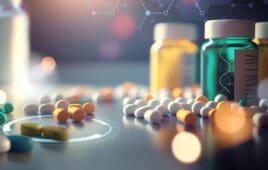different bills and bottles for pharmaceutical and healthcare medication and drug research labs concepts with copy space area