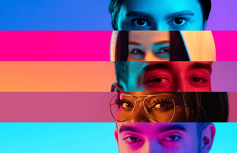 Collage of close-up male and female eyes isolated on colored neon backgorund. Multicolored stripes. Concept of equality, unification of all nations, ages and interests