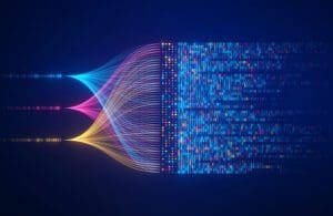 Big data technology and data science illustration. Data flow concept. Querying, analysing, visualizing complex information. Neural network for artificial intelligence. Data mining. Business analytics.