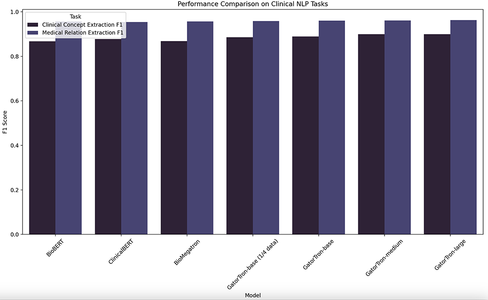 Comparison of F1 Scores for different models on Clinical Concept Extraction and Medical Relation Extraction tasks. 