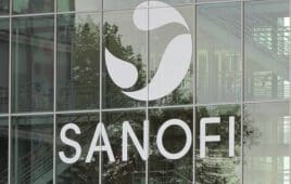 Lyon France, 3 October 2017: White logo of the french multinational pharmaceutical company Sanofi on their glass office building in Lyon France