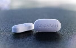Apixaban pill anticoagulant medication used to treat and prevent blood clots and prevent stroke in atrial fibrillation