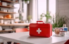 A first aid kit in a red box is on the table in the kitchen. Kit