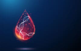 Abstract DNA molecule helix inside red blood drop. Genetic test, analysis, scientific research concept. Low poly style design. Geometric background. Wireframe light graphic connection structure