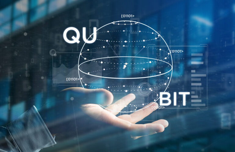 View of Businessman holding Quantum computing concept with qubit icon 3d rendering