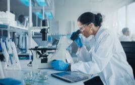 Medical Development Laboratory: Caucasian Female Scientist Looking Under Microscope, Analyzes Petri Dish Sample. Specialists Working on Medicine, Biotechnology Research in Advanced Pharma Lab