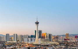 Las Vegas skyline at sunrise.