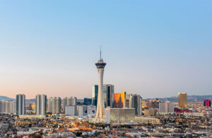 Las Vegas skyline at sunrise.