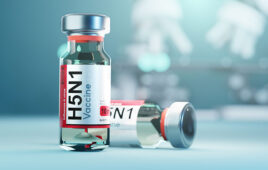 A vaccine vial of H5N1, avian influenza disease vaccination development concept. 3D illustration.