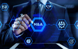 M&A Merger and acquisition business finance concept. Businessman pressing button.