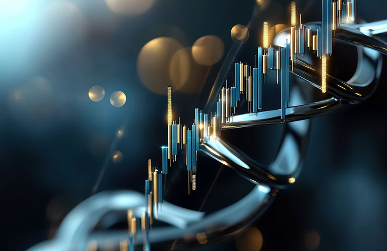 DNA double helix transforming into bar graphs, blue and gold, crisp focus on each strand, scientific finance theme --ar 5:4 --personalize 3kebfev --v 6.1 Job ID: f40101e1-2e2f-4f40-8d57-2144add82b53