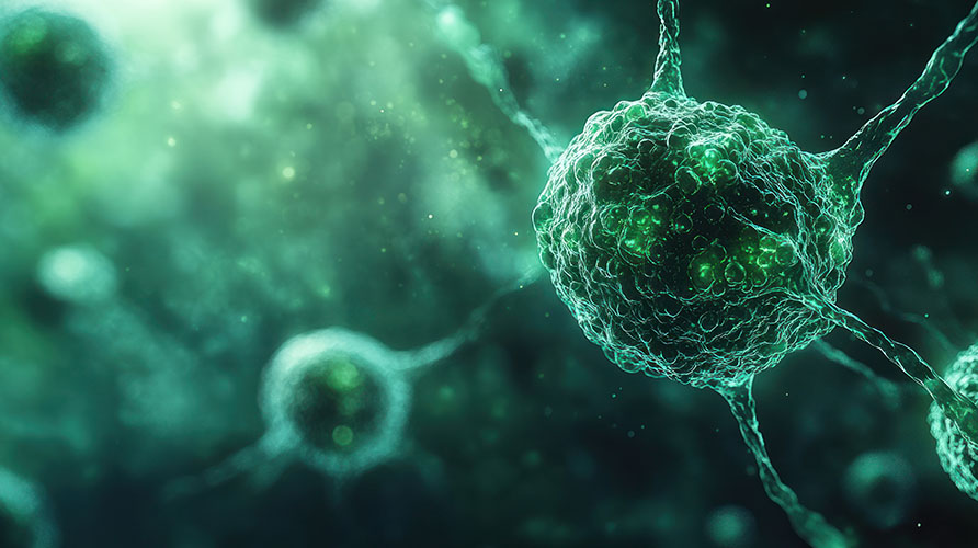 Bright green stem cell colony of embryo under microscope