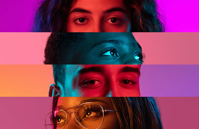 Collage of close-up male and female eyes isolated on colored neon backgorund. Multicolored stripes. Concept of equality, unification of all nations, ages and interests. Diversity and human rights