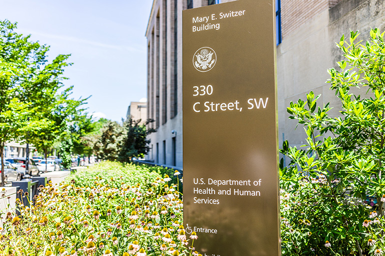 Washington DC, USA - July 3, 2017: Sign for Department of Health and Human Services in downtown