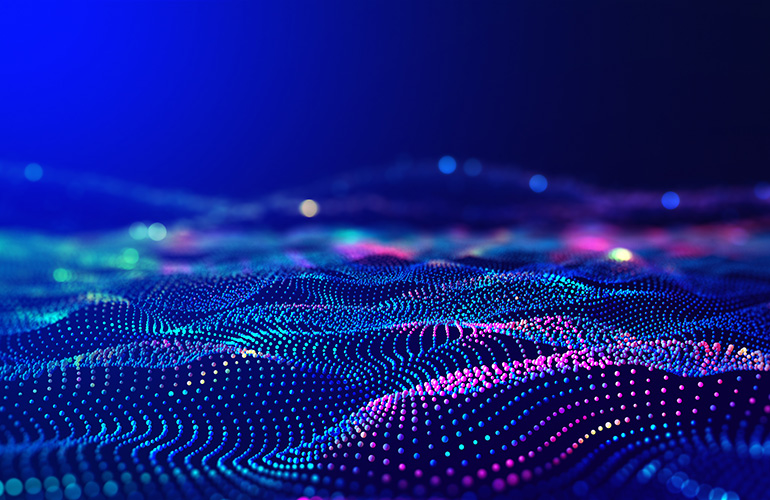 Cyber big data flow. Blockchain data fields. Network line connect stream. Concept of AI technology, digital communication, science research, 3D illustration music waves