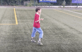 An 8-year-old patient with gangliosidosis demonstrates improved mobility, walking unassisted on a soccer field after treatment with N-acetyl-L-leucine. (Still from video footage; parental consent obtained for use).