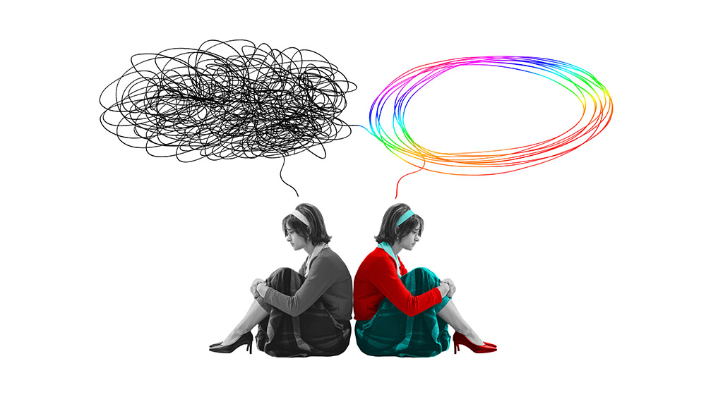Before and after therapy. Young woman with obsessive, tangled thoughts and opposite part of her - happy and relaxed. Contemporary art. Concept of inner world, feelings, mental health and psychology