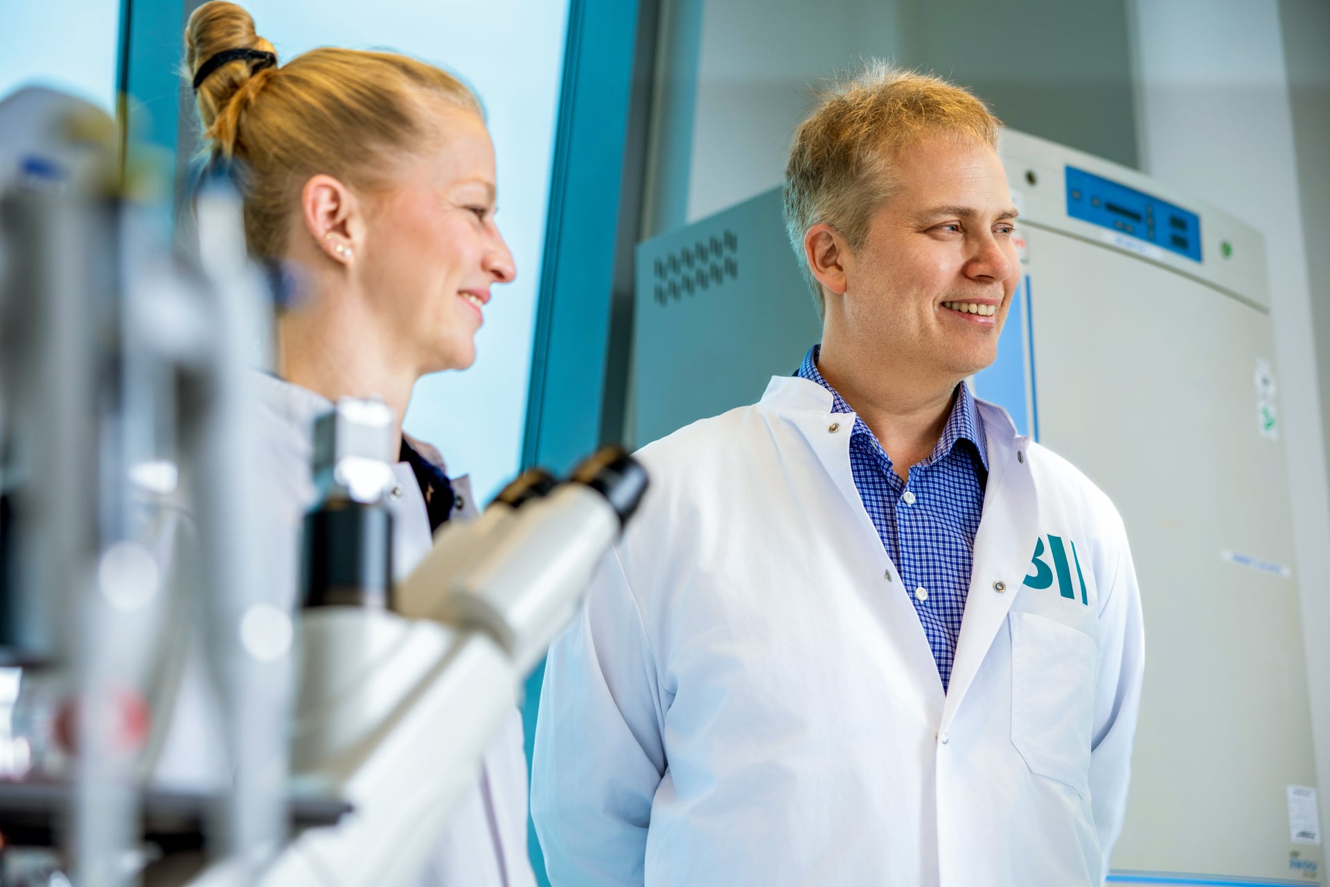 Johanne Press Wegeberg, Ph.D., a Novo Nordisk cell therapy scientist who worked on the STEM-PD program, with Micha Breakstone, Ph.D., co-founder and CEO of Cellular Intelligence. (Photo courtesy of Cellular Intelligence)