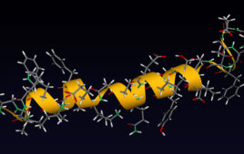 GLP-1 (glucagon-like peptide-1) hormone molecule. Dark background. 3D ribbon and stick molecular model. 3D rendering. Illustration