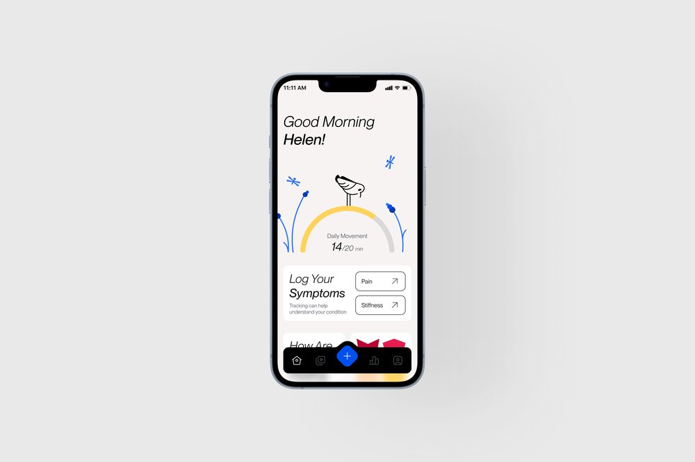 The app side of Remepy's hybrid drug tracks daily movement against a goal and prompts patients to log symptoms like pain and stiffness. (Image: Remepy)