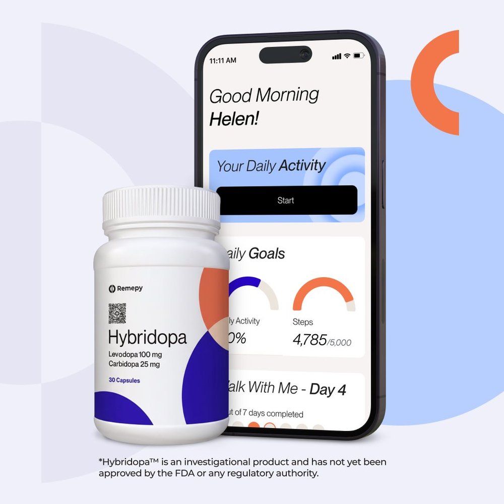 Remepy's Hybridopa pairs carbidopa-levodopa capsules with a phone-based daily protocol that prompts walking, activity and other exercises. The product is investigational. (Image: Remepy)