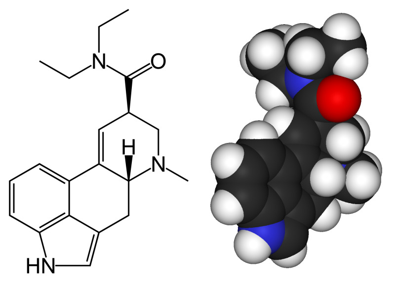 The chemical structure of LSD (lysergic acid diethylamide), shown as a 2D structural formula and a 3D space-filling model. Credit: Wikimedia Commons.